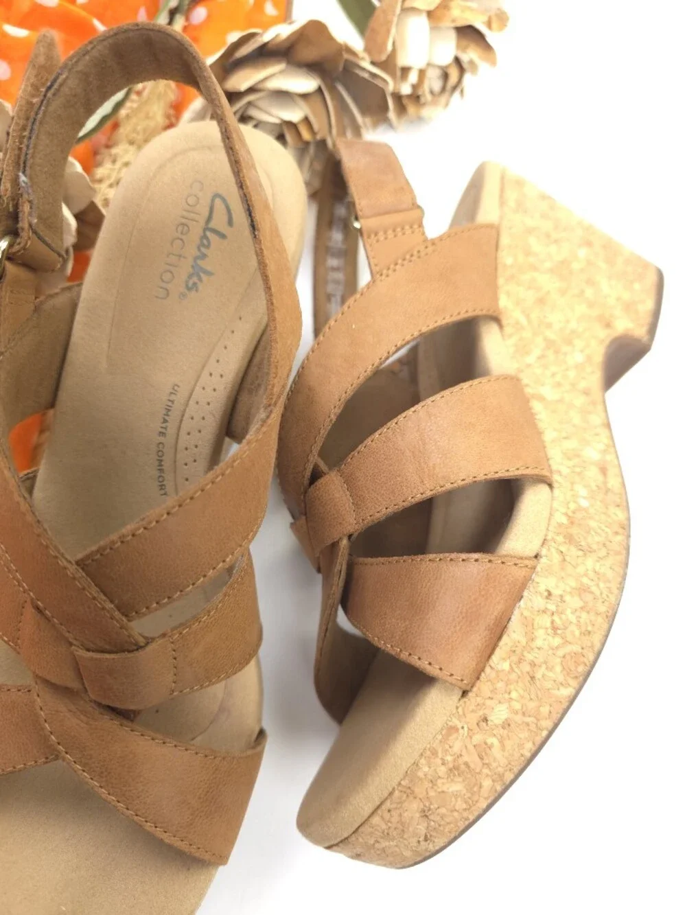 Clarks Collection Women's Tan Leather Platform Sandals 8½m